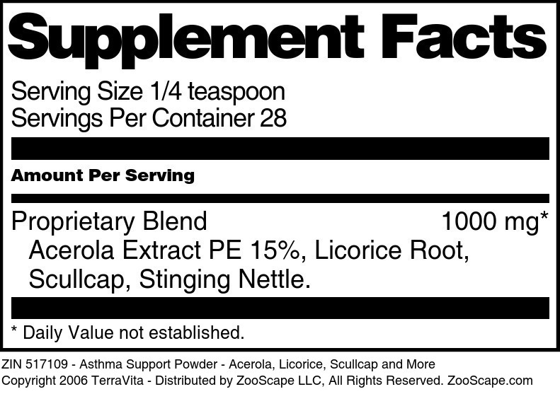 Asthma Support Powder - Acerola, Licorice, Scullcap and More - Supplement / Nutrition Facts