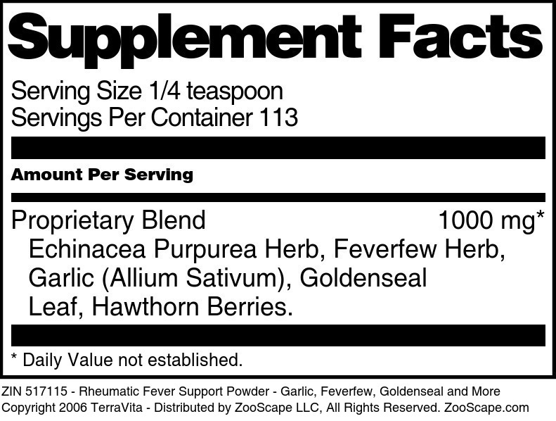 Rheumatic Fever Support Powder - Garlic, Feverfew, Goldenseal and More - Supplement / Nutrition Facts
