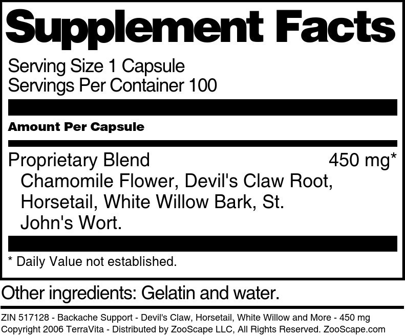 Backache Support - Devil's Claw, Horsetail, White Willow and More - 450 mg - Supplement / Nutrition Facts