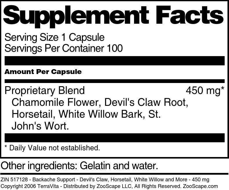 Backache Support - Devil's Claw, Horsetail, White Willow and More - 450 mg - Supplement / Nutrition Facts