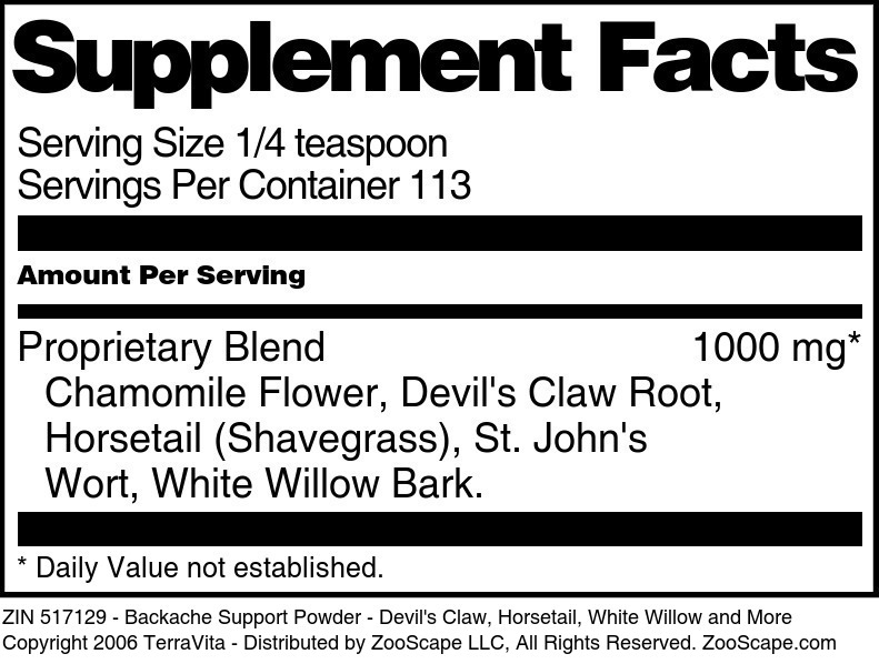 Backache Support Powder - Devil's Claw, Horsetail, White Willow and More - Supplement / Nutrition Facts
