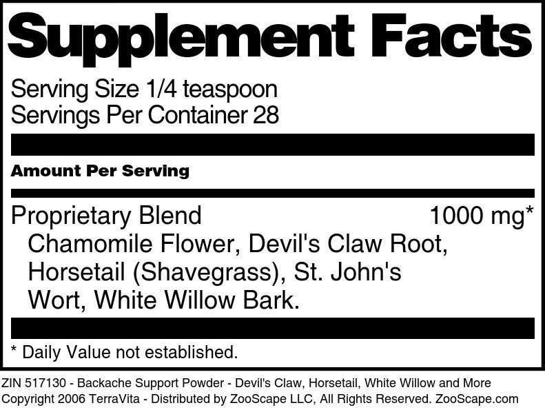 Backache Support Powder - Devil's Claw, Horsetail, White Willow and More - Supplement / Nutrition Facts