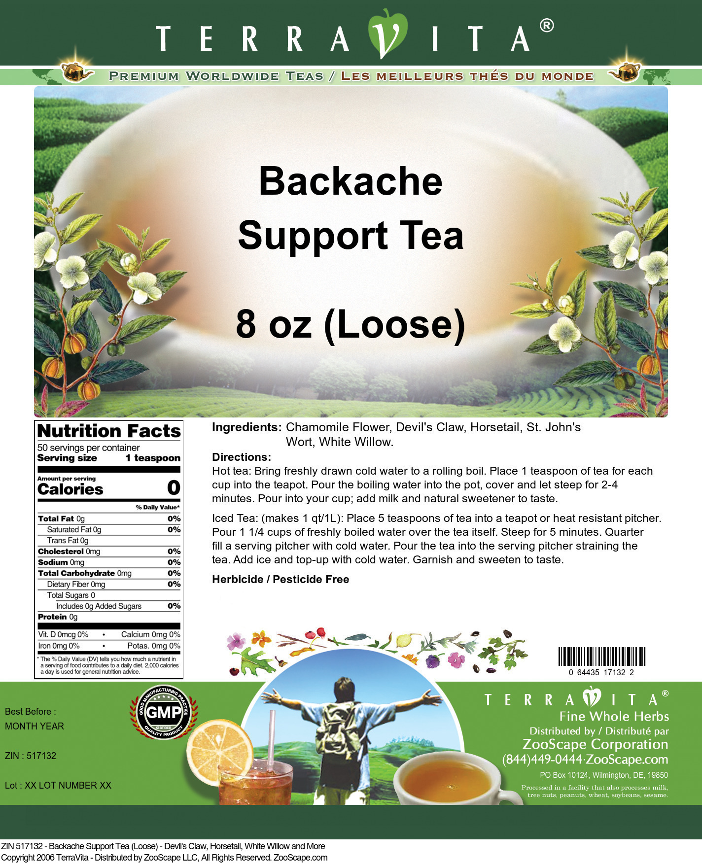 Backache Support Tea (Loose) - Devil's Claw, Horsetail, White Willow and More - Label