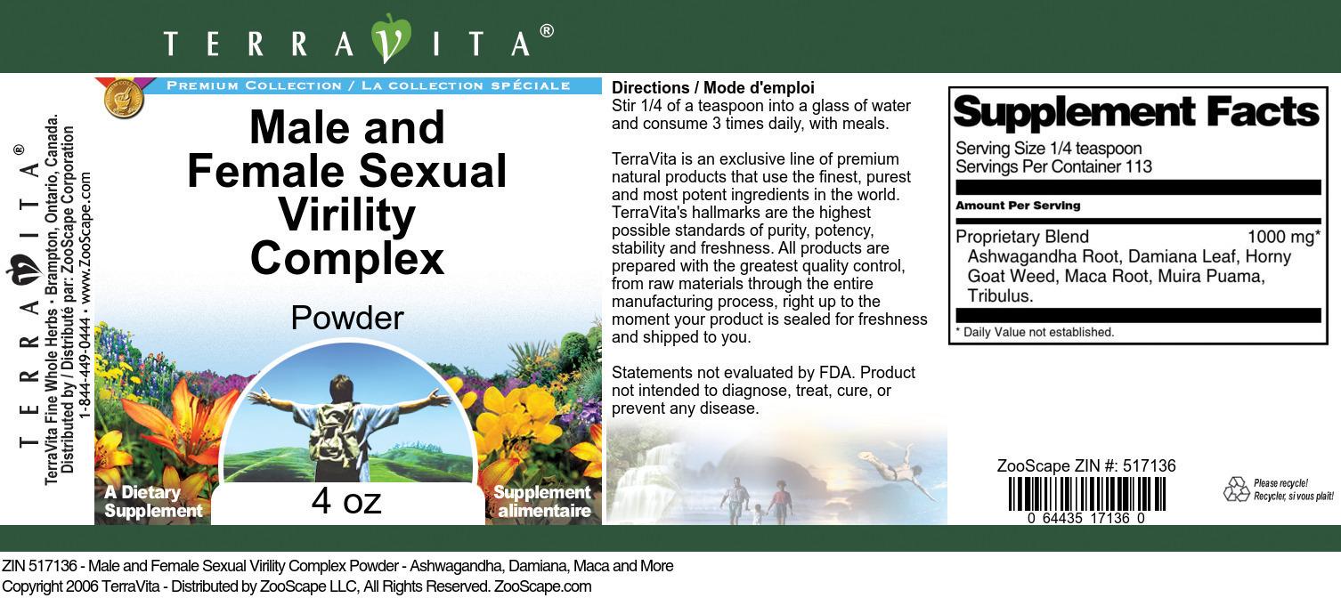 Male and Female Sexual Virility Complex Powder - Ashwagandha, Damiana, Maca and More - Label