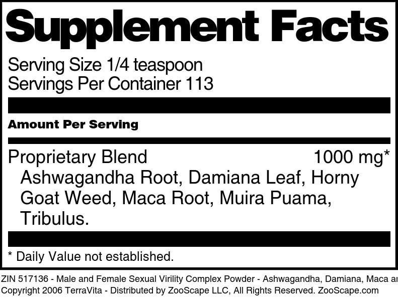 Male and Female Sexual Virility Complex Powder - Ashwagandha, Damiana, Maca and More - Supplement / Nutrition Facts