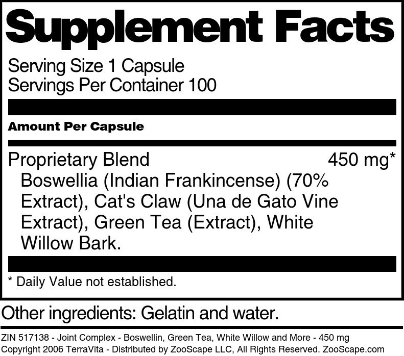 Joint Complex - Boswellin, Green Tea, White Willow and More - 450 mg - Supplement / Nutrition Facts