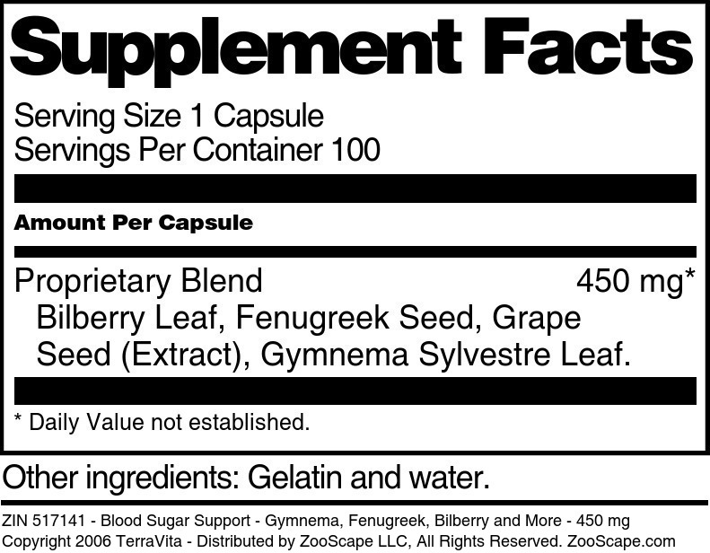Blood Sugar Support - Gymnema, Fenugreek, Bilberry and More - 450 mg - Supplement / Nutrition Facts