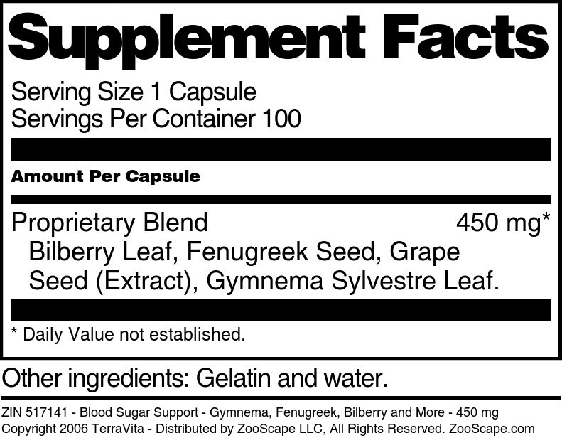 Blood Sugar Support - Gymnema, Fenugreek, Bilberry and More - 450 mg - Supplement / Nutrition Facts