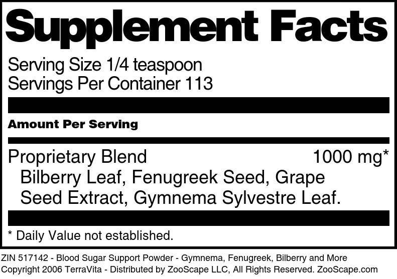 Blood Sugar Support Powder - Gymnema, Fenugreek, Bilberry and More - Supplement / Nutrition Facts