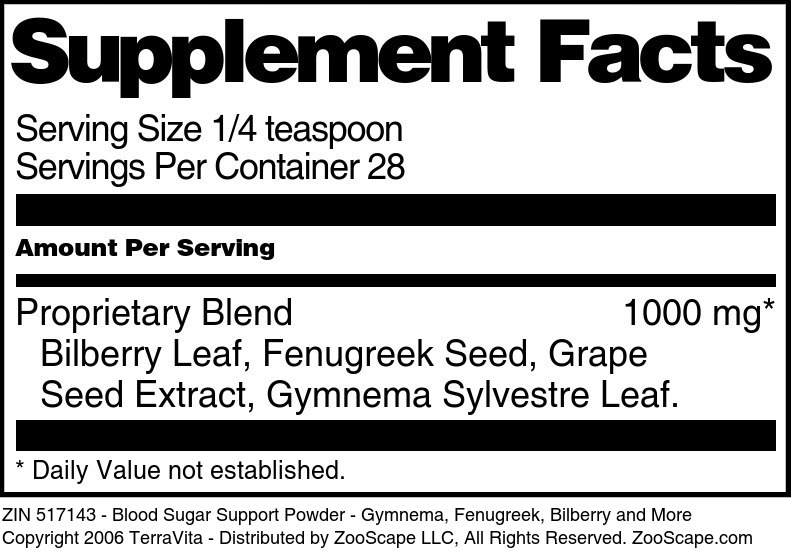 Blood Sugar Support Powder - Gymnema, Fenugreek, Bilberry and More - Supplement / Nutrition Facts