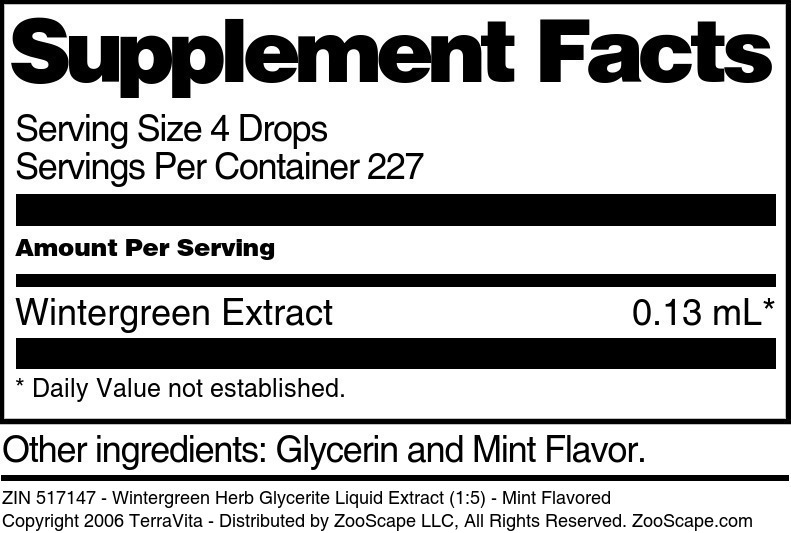 Wintergreen Herb Glycerite Liquid Extract (1:5) - Supplement / Nutrition Facts