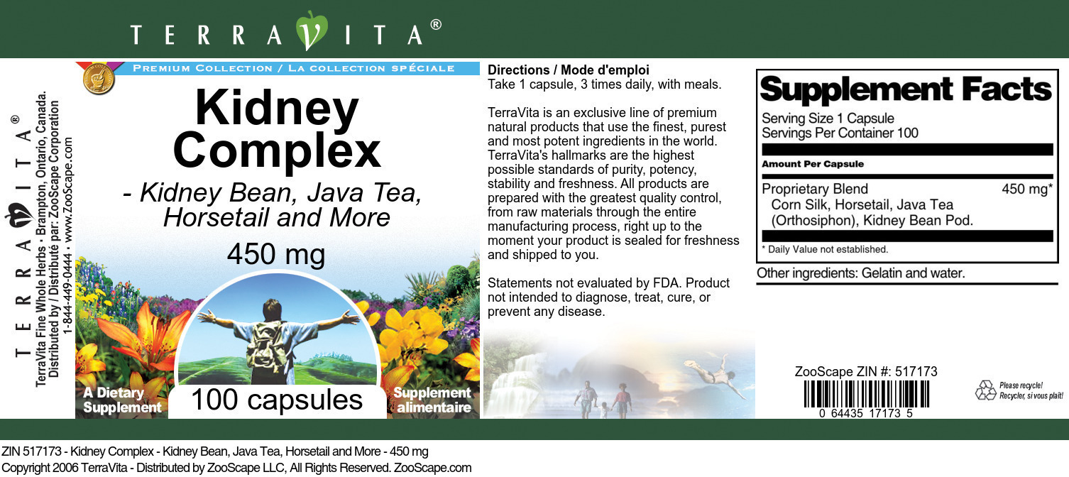 Kidney Complex - Kidney Bean, Java Tea, Horsetail and More - 450 mg - Label
