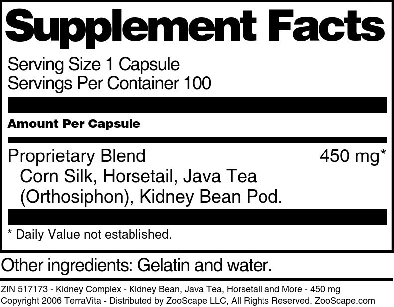 Kidney Complex - Kidney Bean, Java Tea, Horsetail and More - 450 mg - Supplement / Nutrition Facts