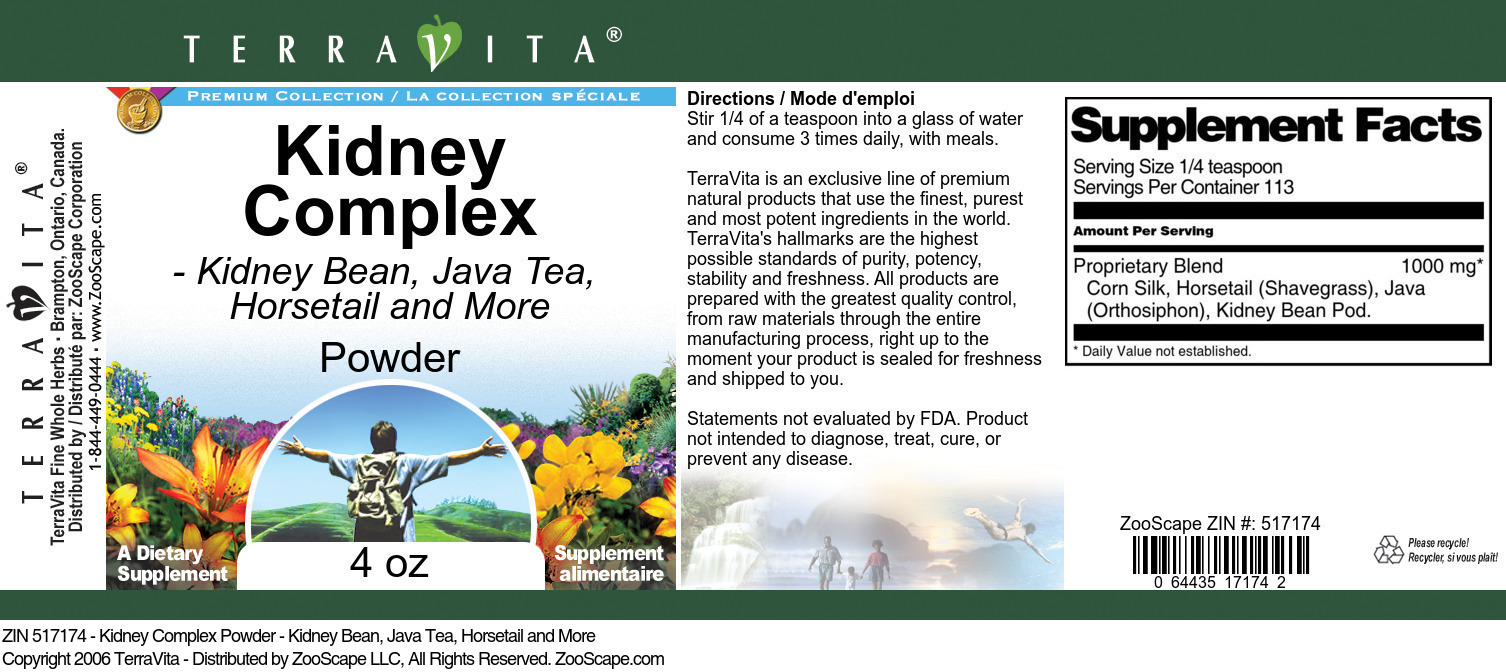 Kidney Complex Powder - Kidney Bean, Java Tea, Horsetail and More - Label