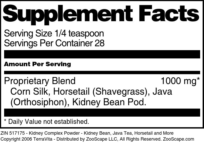 Kidney Complex Powder - Kidney Bean, Java Tea, Horsetail and More - Supplement / Nutrition Facts