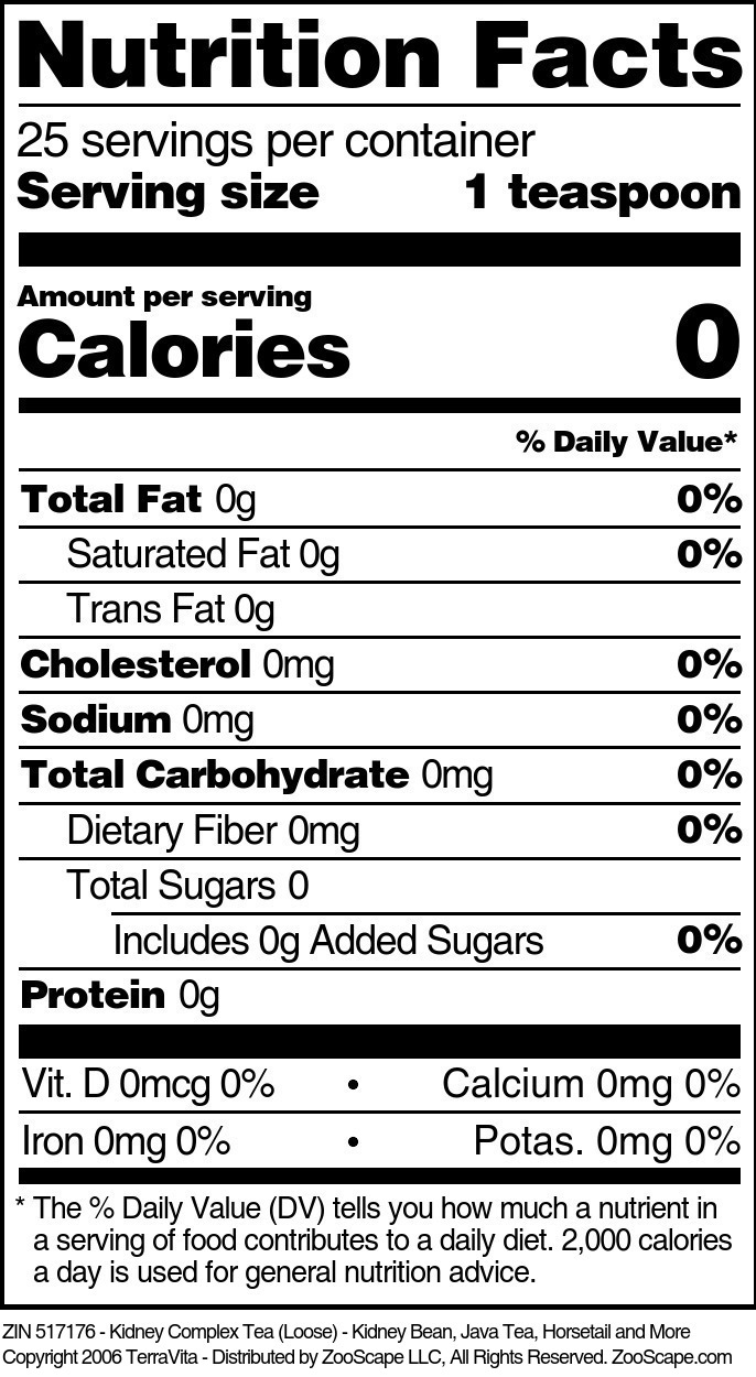 Kidney Complex Tea (Loose) - Kidney Bean, Java Tea, Horsetail and More - Supplement / Nutrition Facts