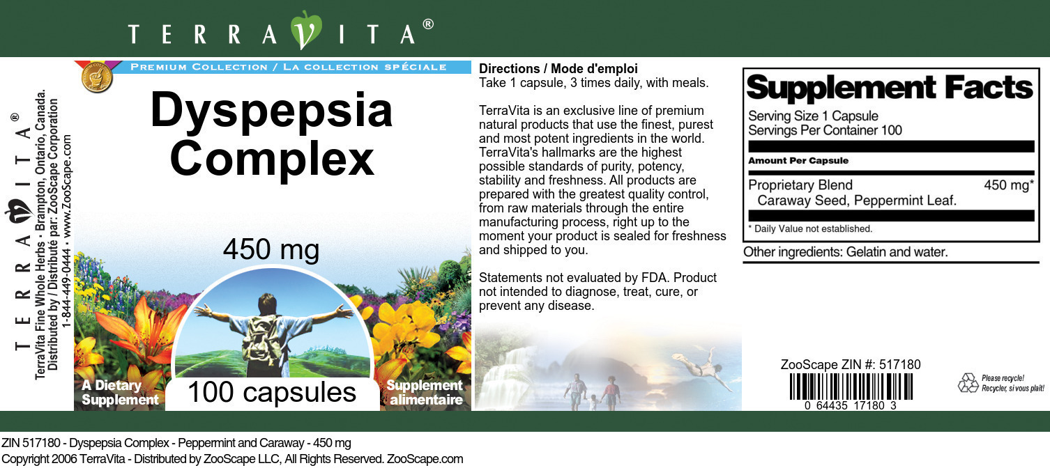 Dyspepsia Complex - Peppermint and Caraway - 450 mg - Label
