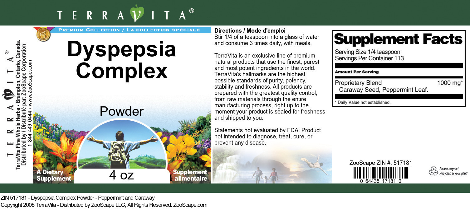 Dyspepsia Complex Powder - Peppermint and Caraway - Label