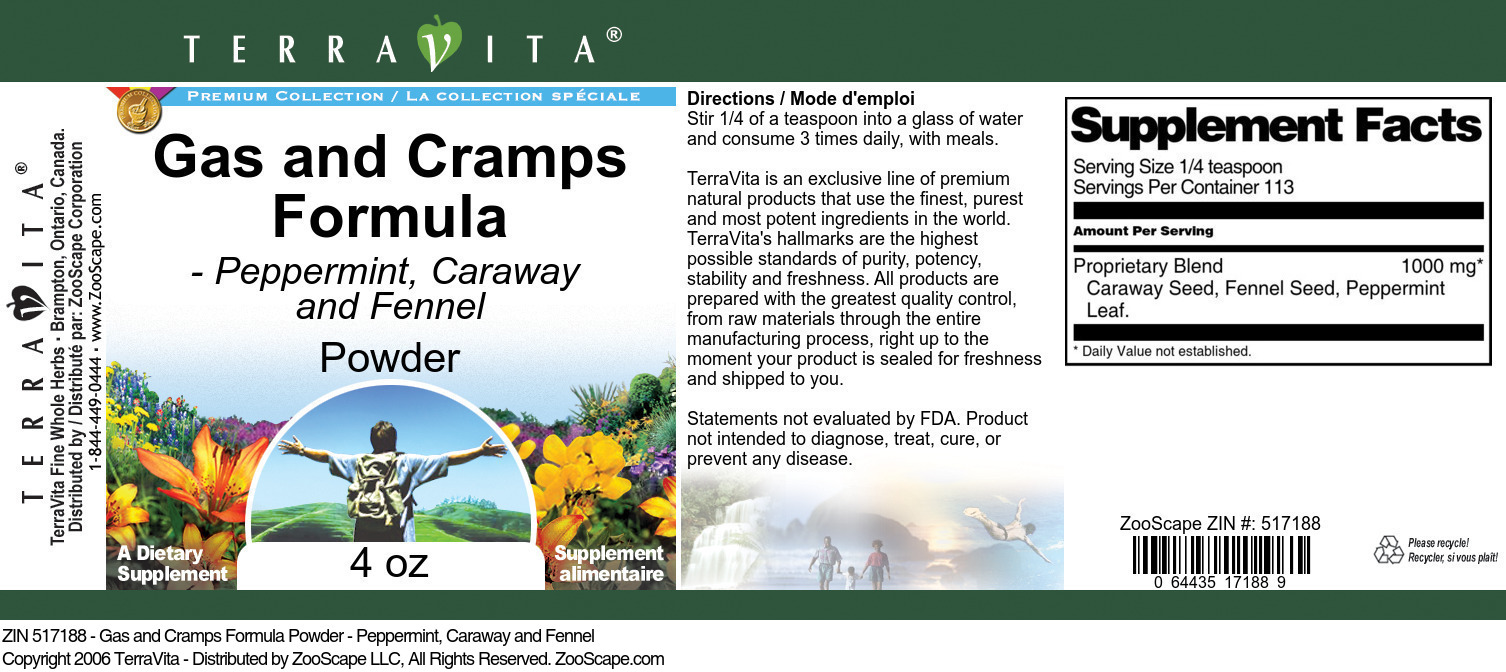 Gas and Cramps Formula Powder - Peppermint, Caraway and Fennel - Label