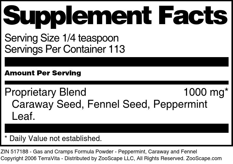 Gas and Cramps Formula Powder - Peppermint, Caraway and Fennel - Supplement / Nutrition Facts