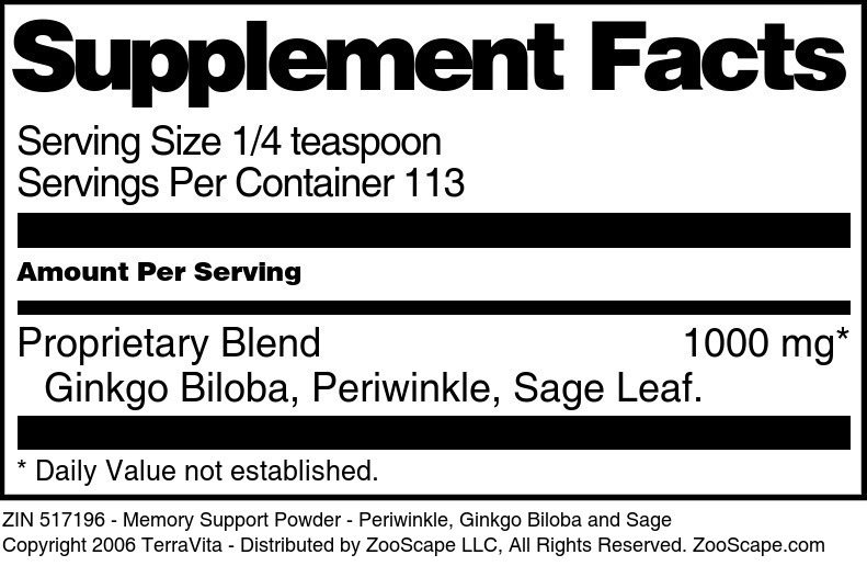 Memory Support Powder - Periwinkle, Ginkgo Biloba and Sage - Supplement / Nutrition Facts