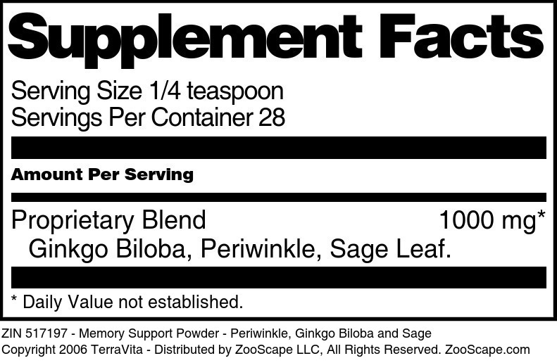 Memory Support Powder - Periwinkle, Ginkgo Biloba and Sage - Supplement / Nutrition Facts