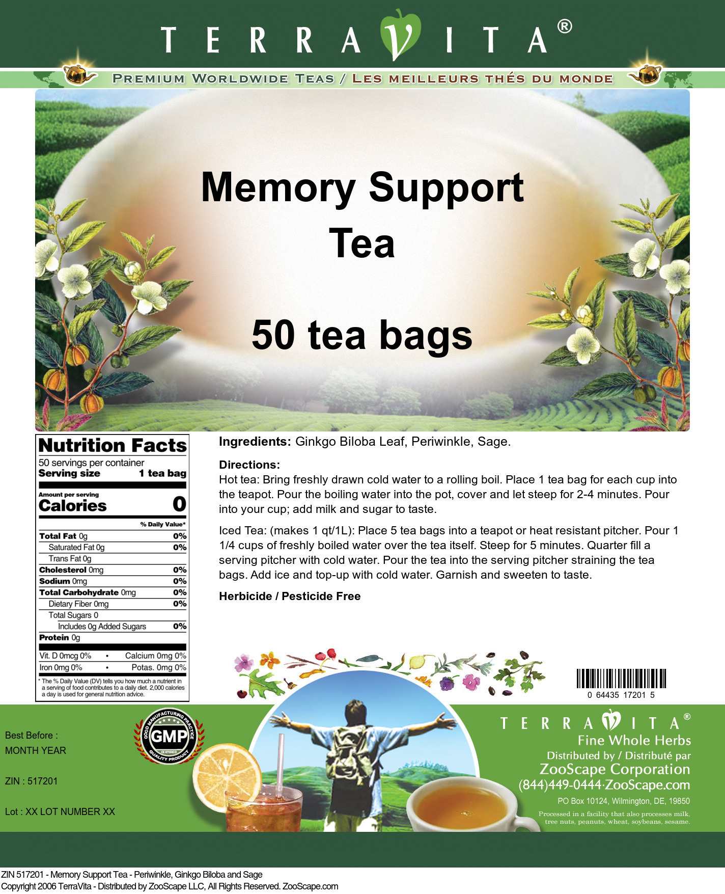 Memory Support Tea - Periwinkle, Ginkgo Biloba and Sage - Label