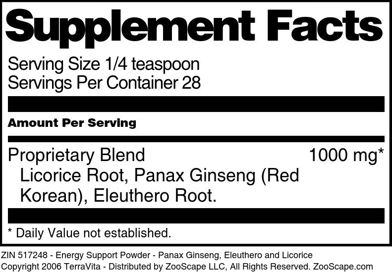 Energy Support Powder - Panax Ginseng, Eleuthero and Licorice - Supplement / Nutrition Facts