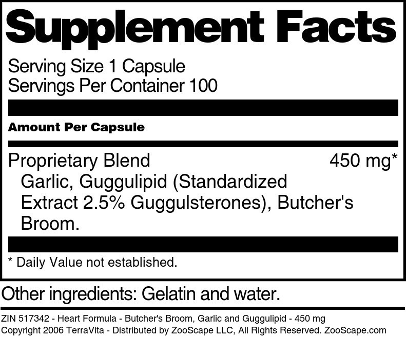 Heart Formula - Butcher's Broom, Garlic and Guggulipid - 450 mg - Supplement / Nutrition Facts