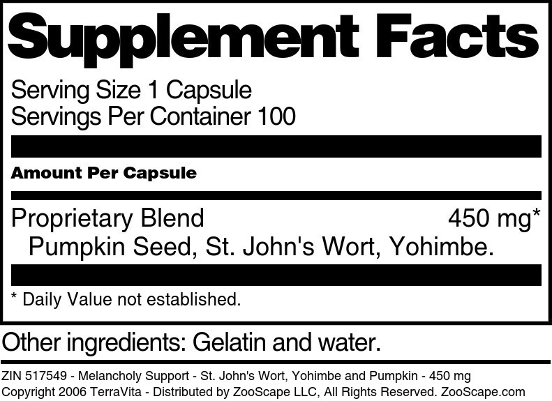 Melancholy Support - St. John's Wort, Yohimbe and Pumpkin - 450 mg - Supplement / Nutrition Facts