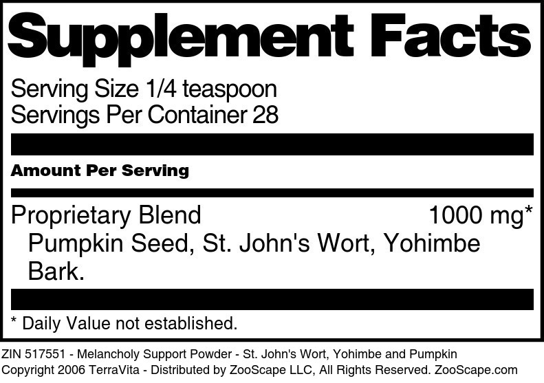 Melancholy Support Powder - St. John's Wort, Yohimbe and Pumpkin - Supplement / Nutrition Facts