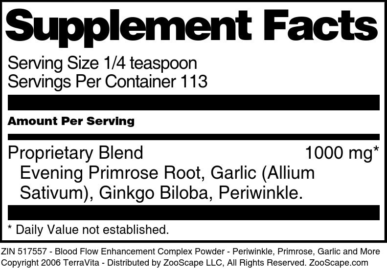 Blood Flow Enhancement Complex Powder - Periwinkle, Primrose, Garlic and More - Supplement / Nutrition Facts