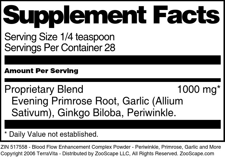 Blood Flow Enhancement Complex Powder - Periwinkle, Primrose, Garlic and More - Supplement / Nutrition Facts