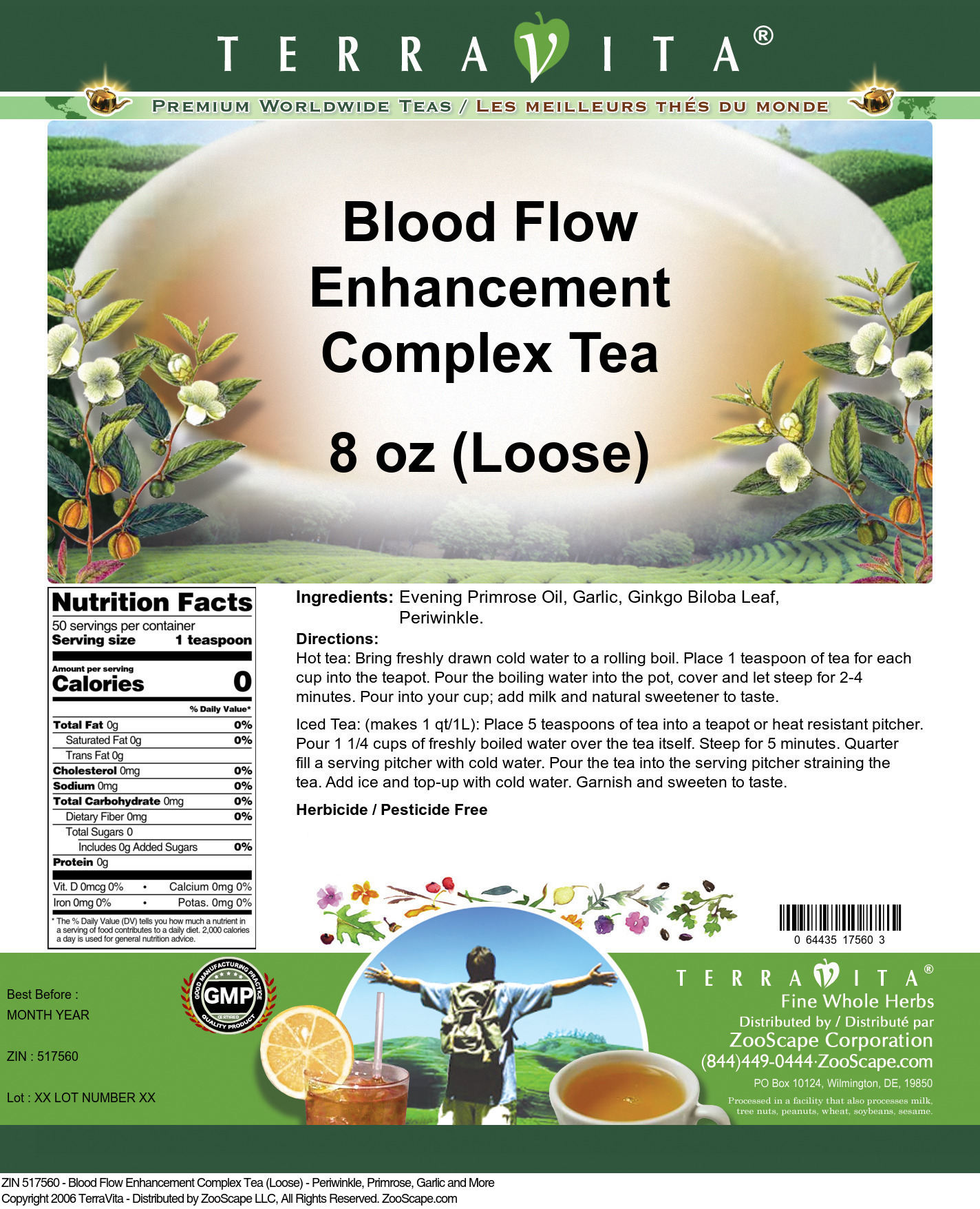 Blood Flow Enhancement Complex Tea (Loose) - Periwinkle, Primrose, Garlic and More - Label