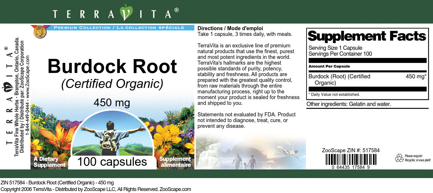 Burdock Root (Certified Organic) - 450 mg - Label