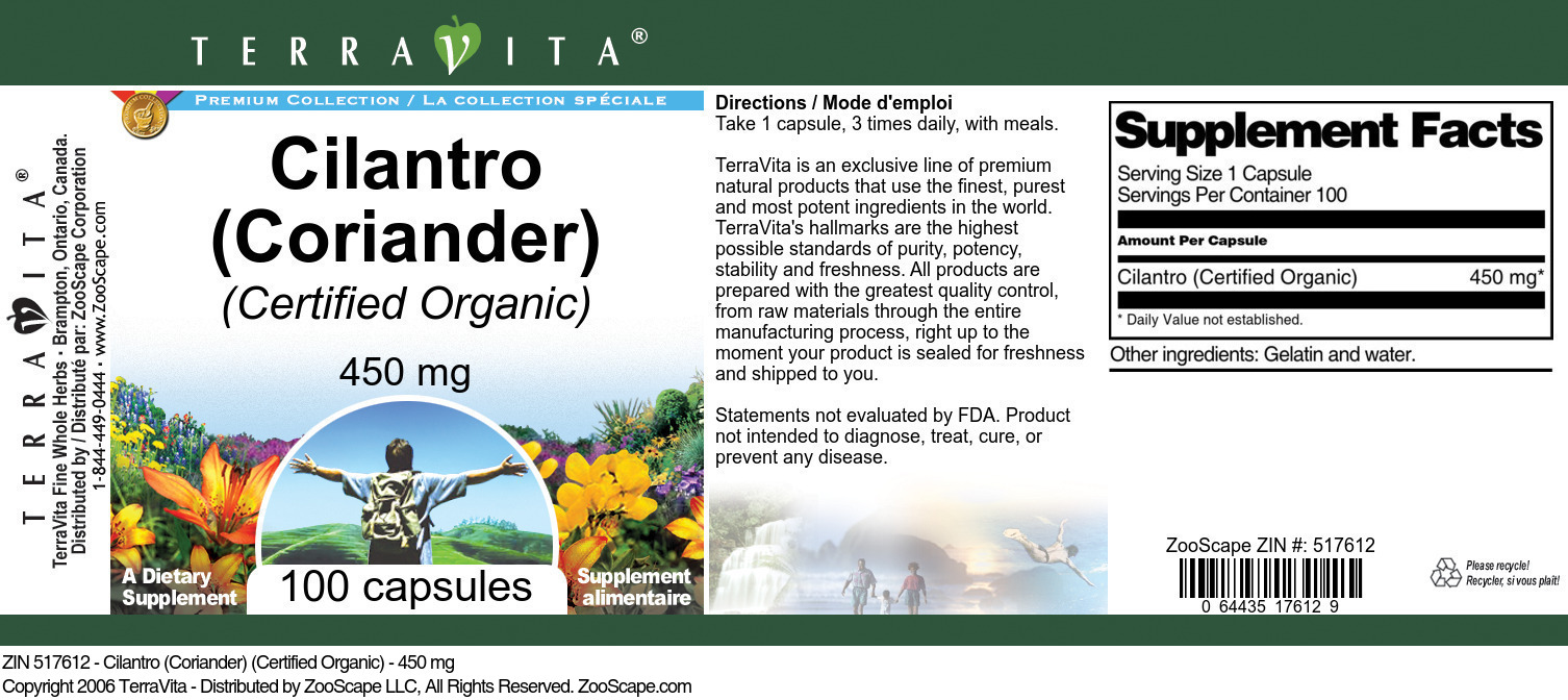 Cilantro (Coriander) (Certified Organic) - 450 mg - Label