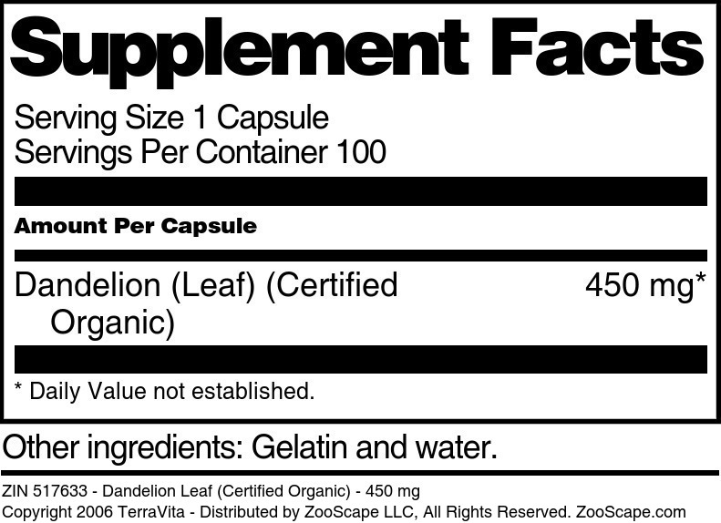 Dandelion Leaf (Certified Organic) - 450 mg - Supplement / Nutrition Facts