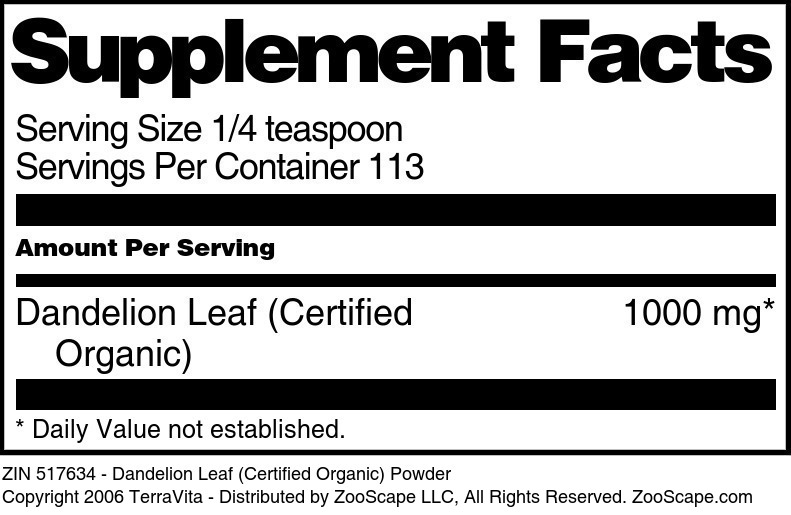 Dandelion Leaf (Certified Organic) Powder - Supplement / Nutrition Facts