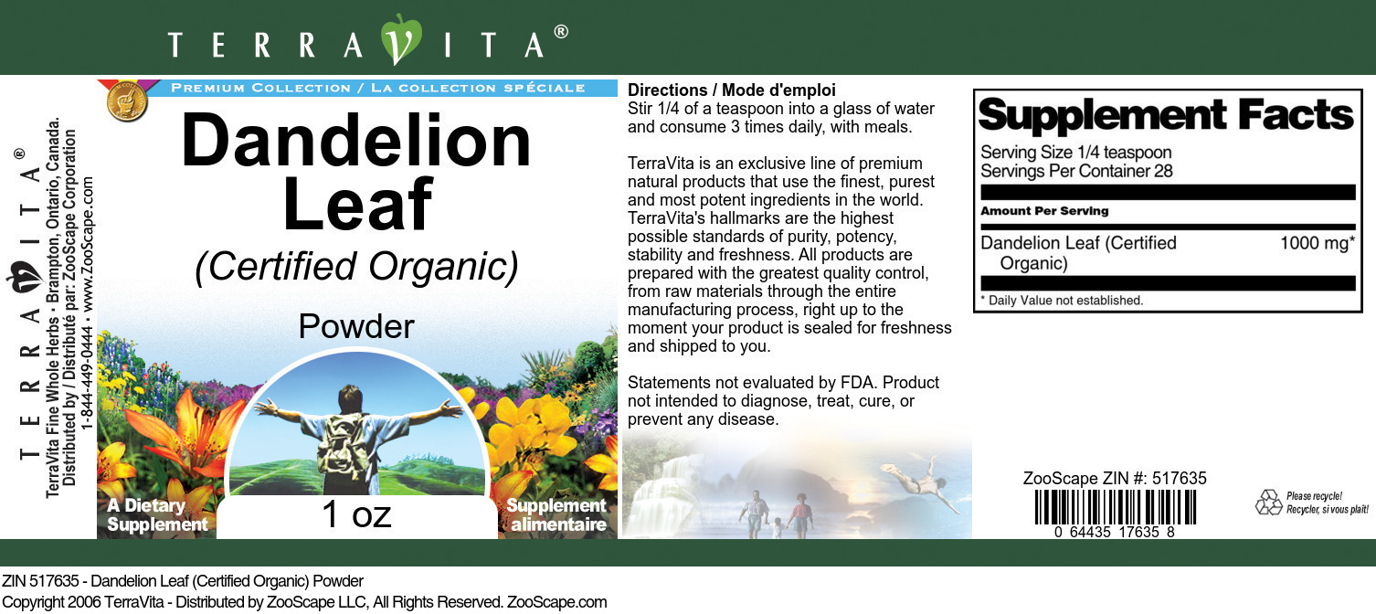 Dandelion Leaf (Certified Organic) Powder - Label