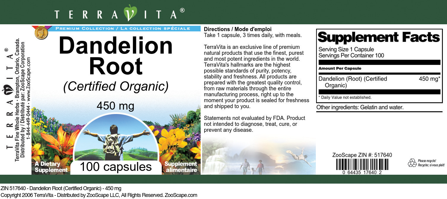 Dandelion Root (Certified Organic) - 450 mg - Label