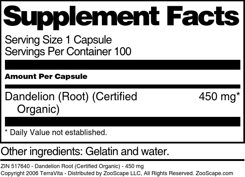 Dandelion Root (Certified Organic) - 450 mg - Supplement / Nutrition Facts