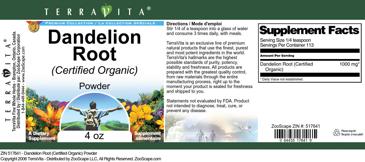 Dandelion Root (Certified Organic) Powder - Label