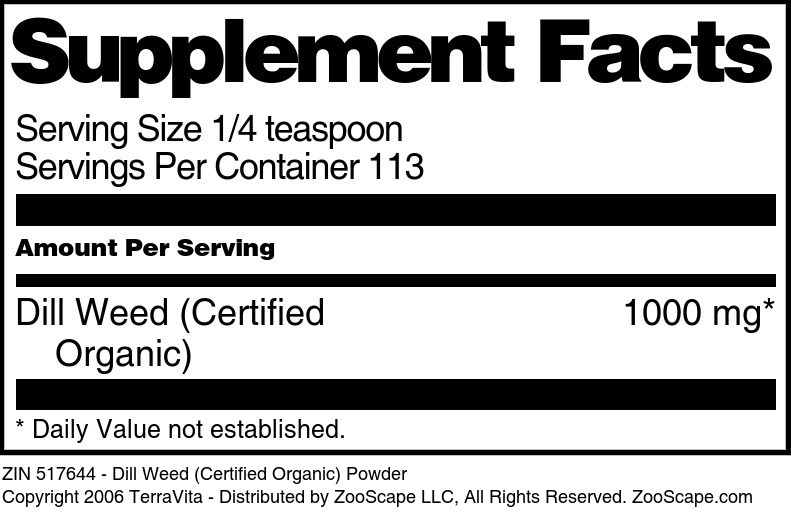 Dill Weed (Certified Organic) Powder - Supplement / Nutrition Facts