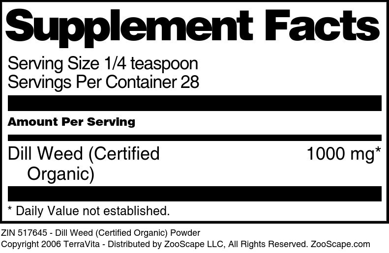 Dill Weed (Certified Organic) Powder - Supplement / Nutrition Facts