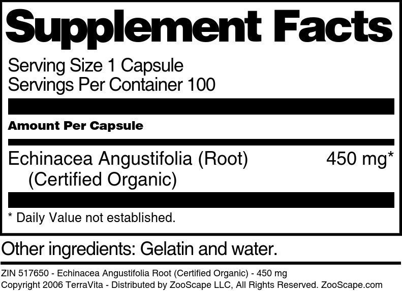 Echinacea Angustifolia Root (Certified Organic) - 450 mg - Supplement / Nutrition Facts