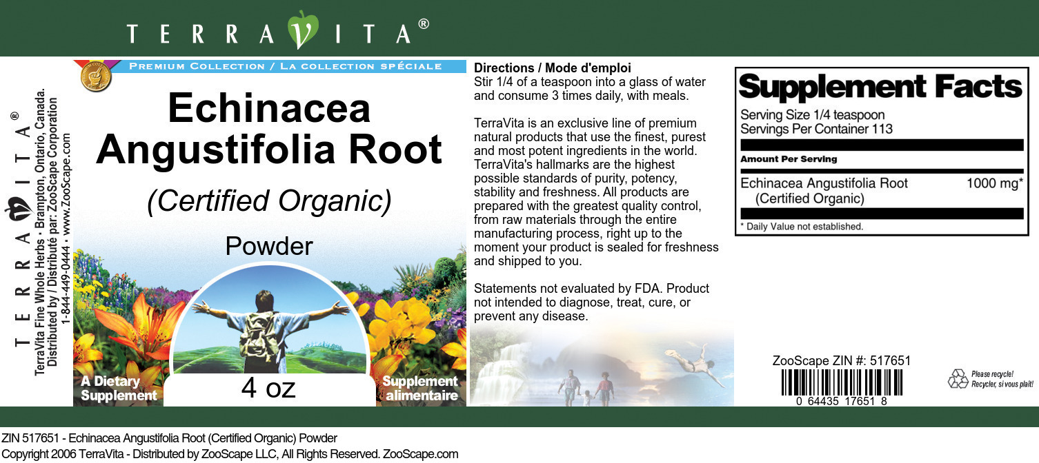 Echinacea Angustifolia Root (Certified Organic) Powder - Label