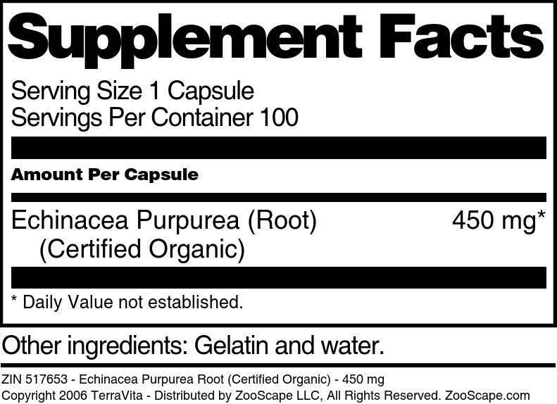 Echinacea Purpurea Root (Certified Organic) - 450 mg - Supplement / Nutrition Facts