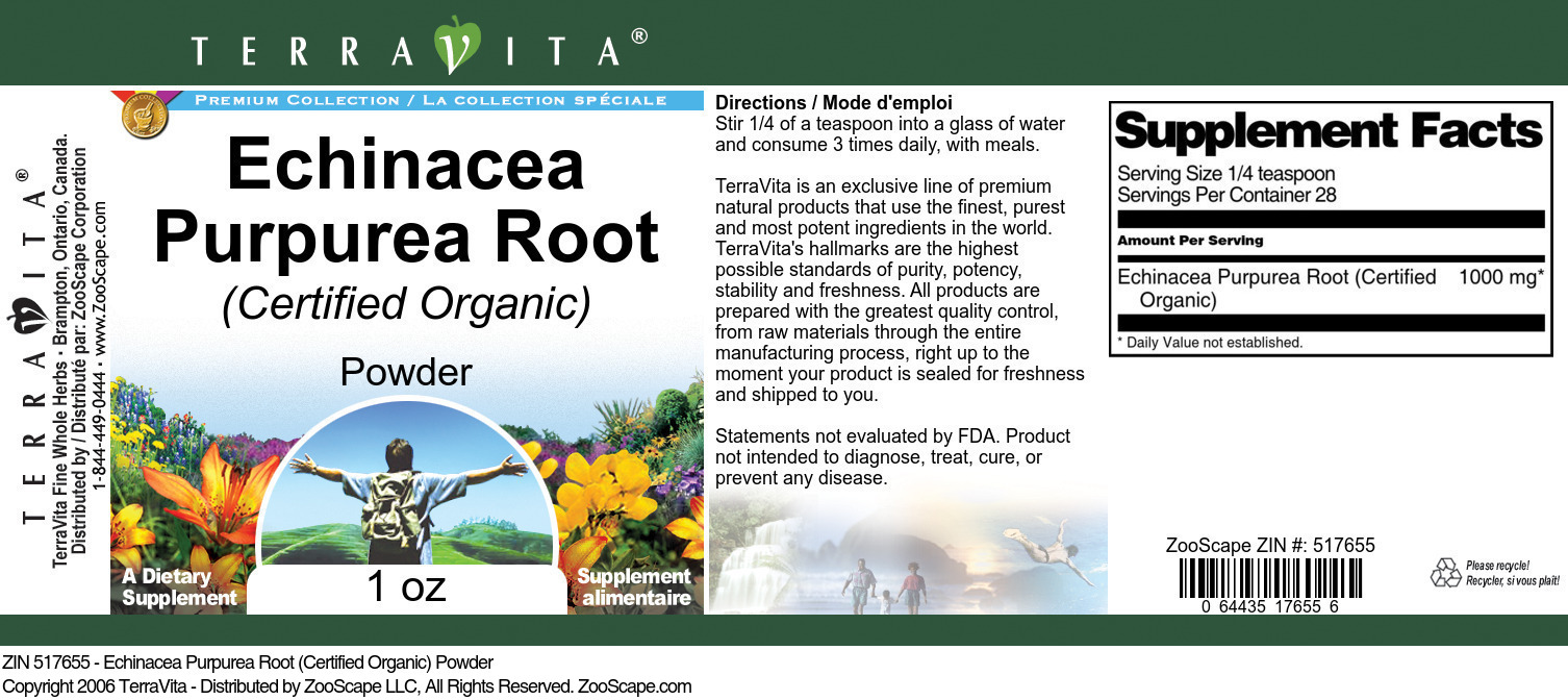Echinacea Purpurea Root (Certified Organic) Powder - Label
