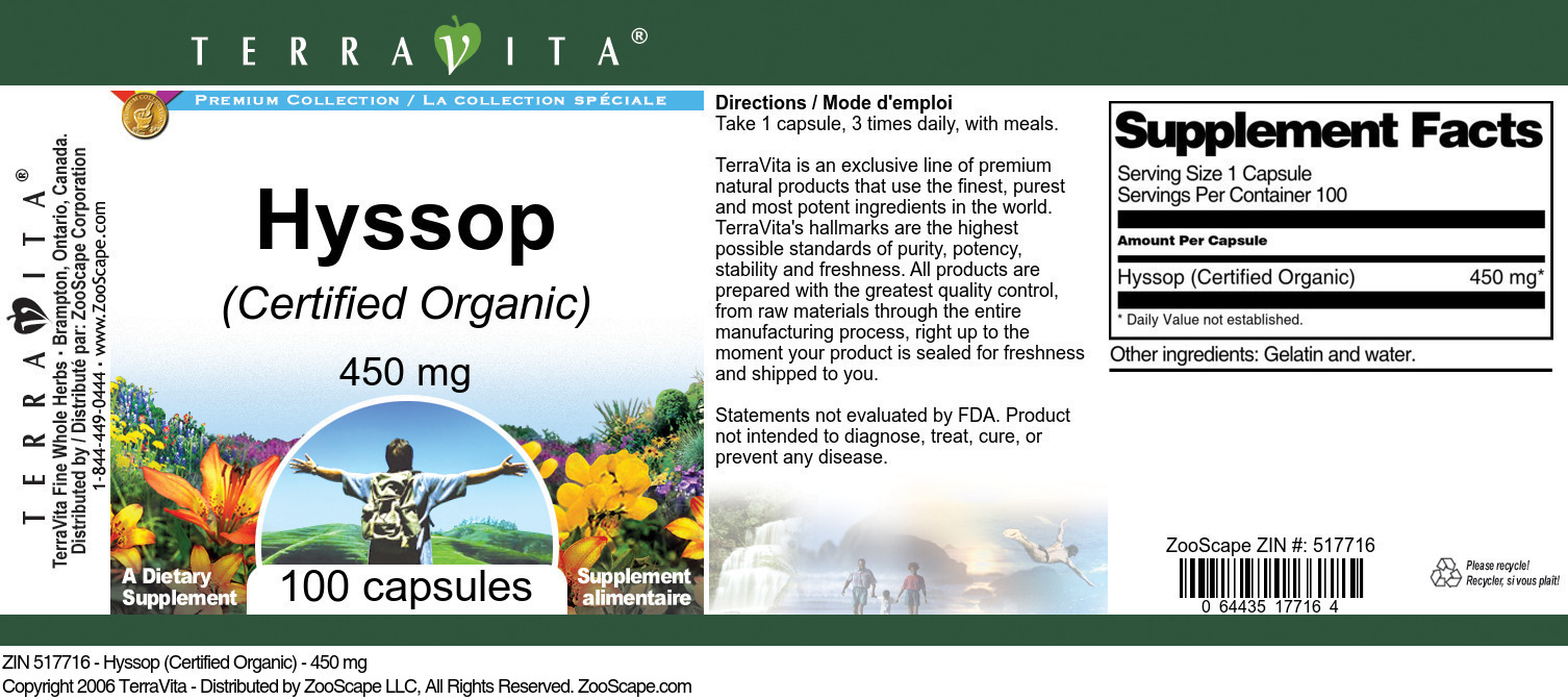 Hyssop (Certified Organic) - 450 mg - Label