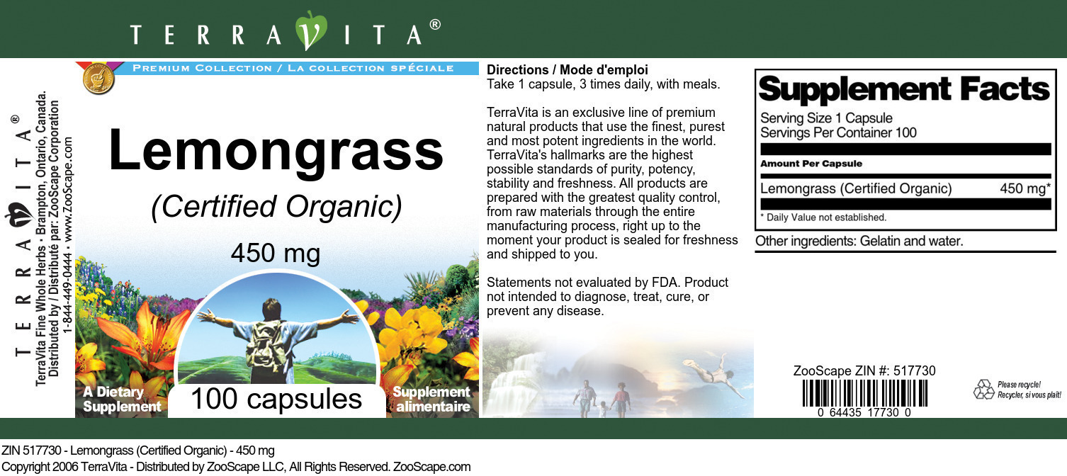 Lemongrass (Certified Organic) - 450 mg - Label